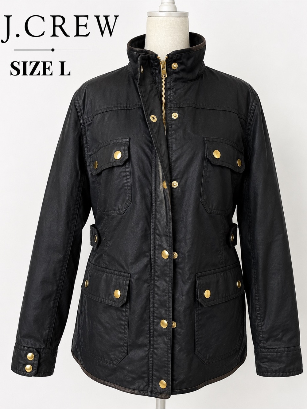 J.Crew Waxed Cotton Field Jacket Black Gold Hardware Utility Coat L